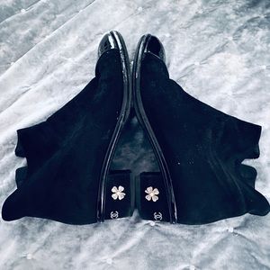 CHANEL Black Suede Ankle Booties with Flower Embellishments